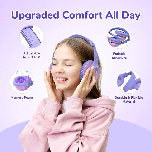 Alt view image 5 of 5 - EarFun K4 Kids Bluetooth Headphones, Wireless Headphones with LED Lights, 74/85/94dBA Volume Limited, Built-in Mic, 90H Playtime, Bluetooth 5.4 Over Ear Headphone for iPad/Tablet/School, Violet