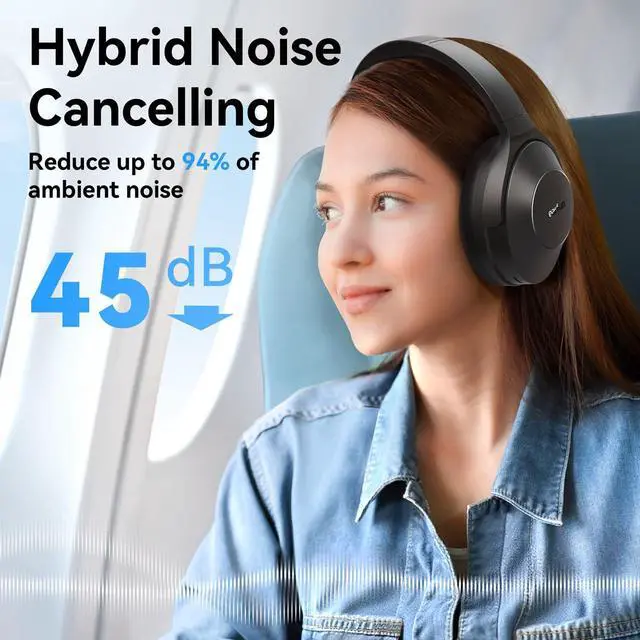 Alt view image 2 of 5 - EarFun Wave Life Hybrid Active Noise Cancelling Headphones, Wireless Over Ear Bluetooth 5.4 Tune Pro Active Noise Canceling Headphones, Bluetooth Headphones with 5 Mics, 120H Playtime