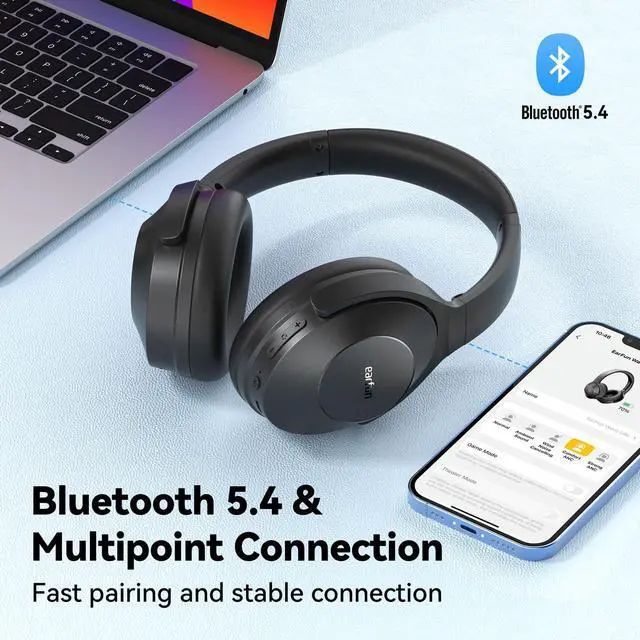 Alt view image 3 of 5 - EarFun Wave Life Hybrid Active Noise Cancelling Headphones, Wireless Over Ear Bluetooth 5.4 Tune Pro Active Noise Canceling Headphones, Bluetooth Headphones with 5 Mics, 120H Playtime