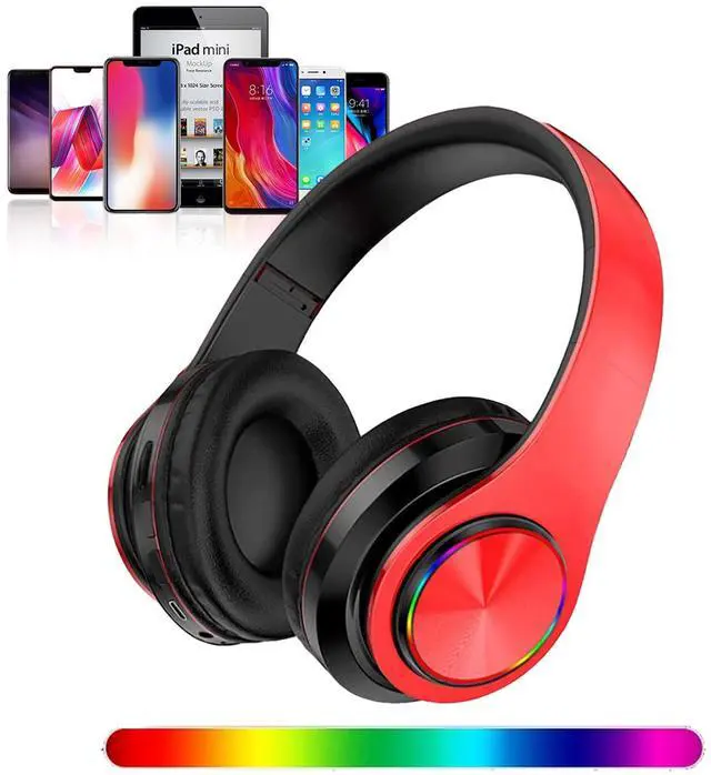 Main image of Bluetooth Over Ear Headphones, Colorful LED Lights Deep Bass Headphones with Microphone, Lightweight Wired and Wireless Foldable HiFi Stereo Headphones for Classroom/Home Office/Mobile Phone (Red)