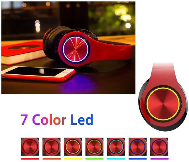 Alt view image 2 of 5 - Bluetooth Over Ear Headphones, Colorful LED Lights Deep Bass Headphones with Microphone, Lightweight Wired and Wireless Foldable HiFi Stereo Headphones for Classroom/Home Office/Mobile Phone (Red)