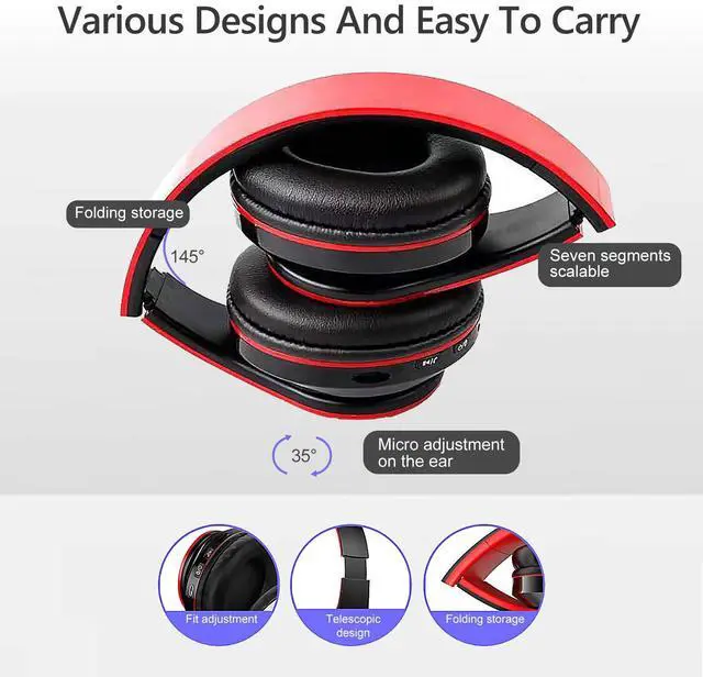 Alt view image 4 of 5 - Bluetooth Over Ear Headphones, Colorful LED Lights Deep Bass Headphones with Microphone, Lightweight Wired and Wireless Foldable HiFi Stereo Headphones for Classroom/Home Office/Mobile Phone (Red)