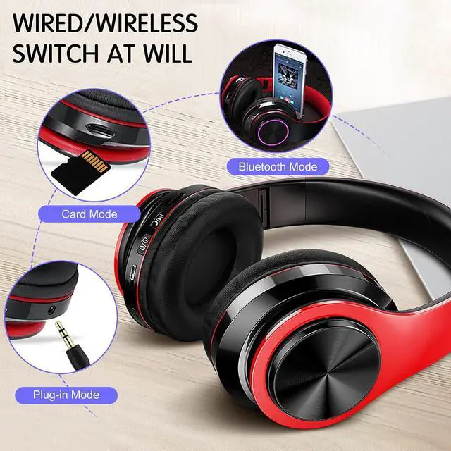 Alt view image 5 of 5 - Bluetooth Over Ear Headphones, Colorful LED Lights Deep Bass Headphones with Microphone, Lightweight Wired and Wireless Foldable HiFi Stereo Headphones for Classroom/Home Office/Mobile Phone (Red)