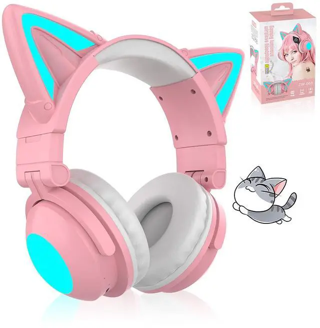 Main image of Cat Ear Bluetooth Headphones for Adult, Kids Lovely Headphones,Over Ear Wired Headphones with LED Lights,Foldable Wireless Headset with Built-in Mic,Compatible with Phone/PC/Tablet/TV(Pink)