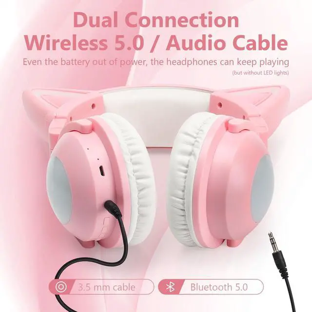 Alt view image 3 of 5 - Cat Ear Bluetooth Headphones for Adult, Kids Lovely Headphones,Over Ear Wired Headphones with LED Lights,Foldable Wireless Headset with Built-in Mic,Compatible with Phone/PC/Tablet/TV(Pink)