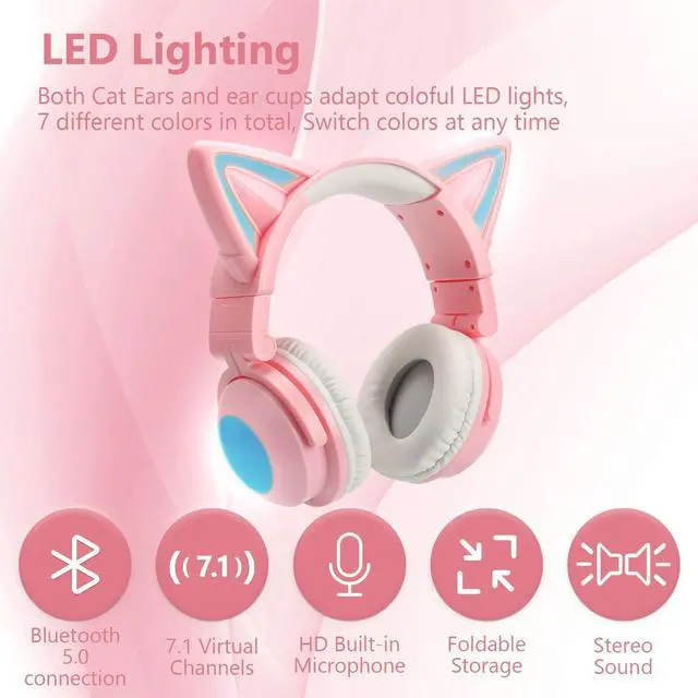 Alt view image 5 of 5 - Cat Ear Bluetooth Headphones for Adult, Kids Lovely Headphones,Over Ear Wired Headphones with LED Lights,Foldable Wireless Headset with Built-in Mic,Compatible with Phone/PC/Tablet/TV(Pink)