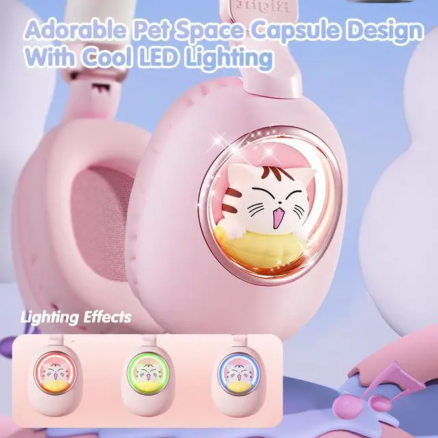 Alt view image 2 of 5 - esonstyle Kids Headphones Cat Ear - Bluetooth 5.4 Over-Ear Noise Cancelling Headphones with Microphone LED Lights Up 85dB Safe Volume Limit Wireless or 3.5mm Wired USB C for Travel iPad Tablet (Pink)