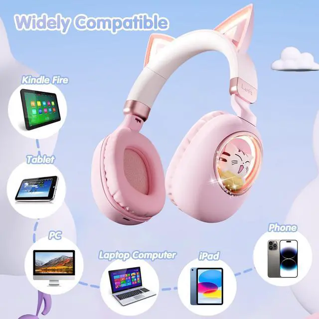 Alt view image 3 of 5 - esonstyle Kids Headphones Cat Ear - Bluetooth 5.4 Over-Ear Noise Cancelling Headphones with Microphone LED Lights Up 85dB Safe Volume Limit Wireless or 3.5mm Wired USB C for Travel iPad Tablet (Pink)