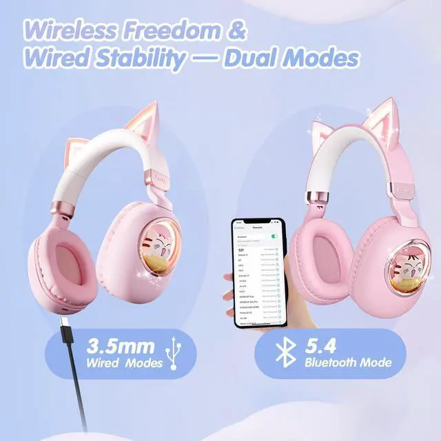 Alt view image 4 of 5 - esonstyle Kids Headphones Cat Ear - Bluetooth 5.4 Over-Ear Noise Cancelling Headphones with Microphone LED Lights Up 85dB Safe Volume Limit Wireless or 3.5mm Wired USB C for Travel iPad Tablet (Pink)