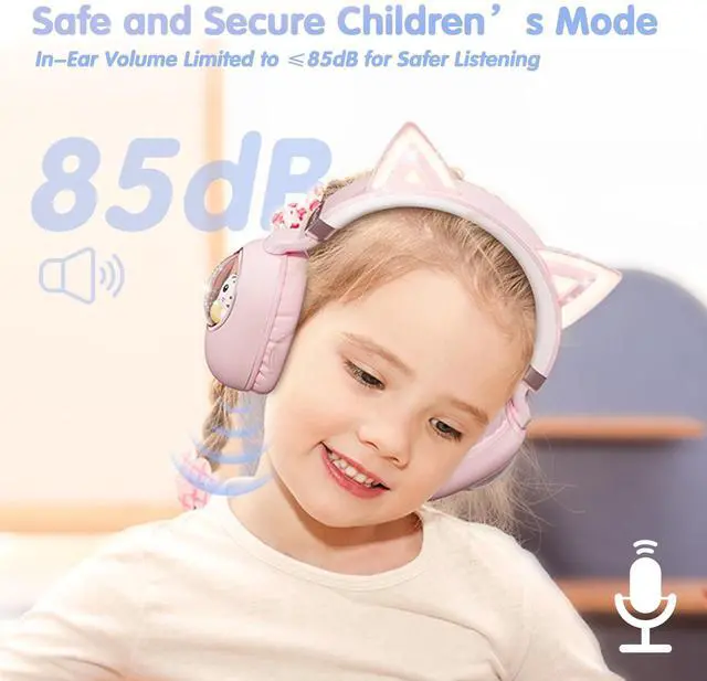 Alt view image 5 of 5 - esonstyle Kids Headphones Cat Ear - Bluetooth 5.4 Over-Ear Noise Cancelling Headphones with Microphone LED Lights Up 85dB Safe Volume Limit Wireless or 3.5mm Wired USB C for Travel iPad Tablet (Pink)