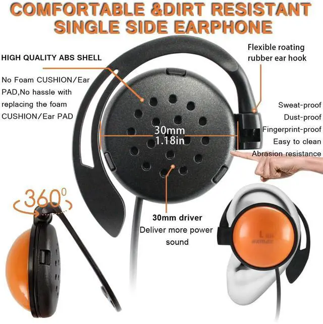 Alt view image 2 of 5 - EXMAX Foamless Wired Single Headphones 3.5mm Dustproof Sweatproof Left-Side Ear-Hook Headphone for EXD-101 ATG-100T Wireless Tour Guide Receiver Radio Podcast Tablet Laptop MP3 Cellphone PC(Left)