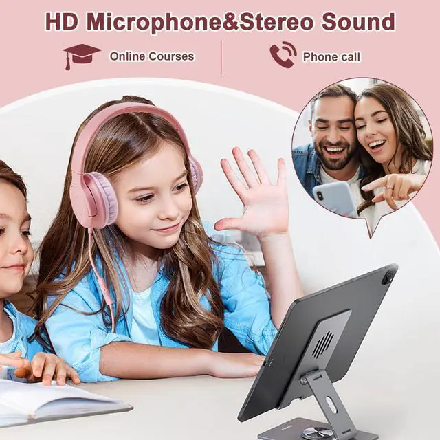 Alt view image 2 of 5 - Kids Wired Headphones with Built-in Microphone, 85/94dB Safe Volume Limiter,Foldable,3.5mm Jack Over-Ear Cord Headset for Online Study/Travel, Compatible with Tablet,iPad,PC&More (Pink/Light Pink)