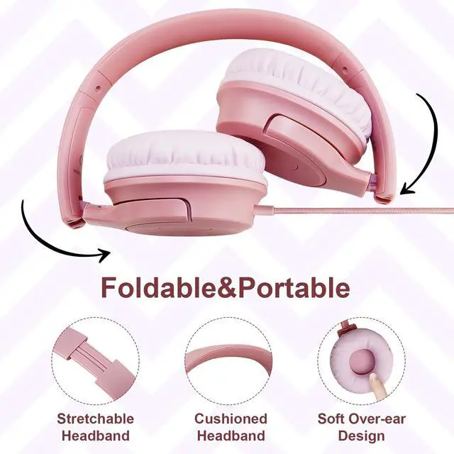 Alt view image 3 of 5 - Kids Wired Headphones with Built-in Microphone, 85/94dB Safe Volume Limiter,Foldable,3.5mm Jack Over-Ear Cord Headset for Online Study/Travel, Compatible with Tablet,iPad,PC&More (Pink/Light Pink)