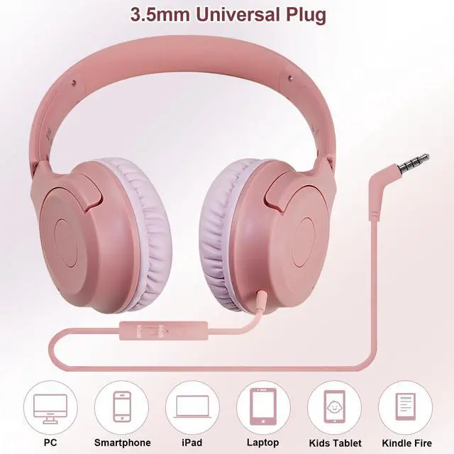 Alt view image 4 of 5 - Kids Wired Headphones with Built-in Microphone, 85/94dB Safe Volume Limiter,Foldable,3.5mm Jack Over-Ear Cord Headset for Online Study/Travel, Compatible with Tablet,iPad,PC&More (Pink/Light Pink)