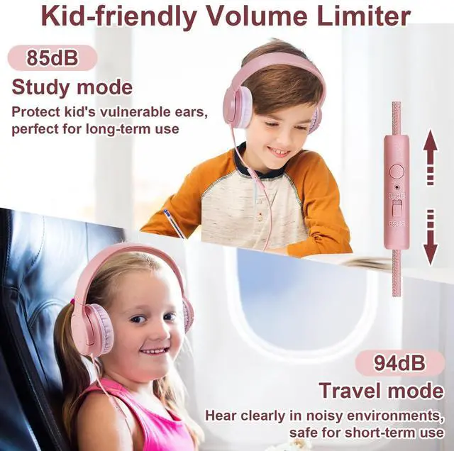 Alt view image 5 of 5 - Kids Wired Headphones with Built-in Microphone, 85/94dB Safe Volume Limiter,Foldable,3.5mm Jack Over-Ear Cord Headset for Online Study/Travel, Compatible with Tablet,iPad,PC&More (Pink/Light Pink)