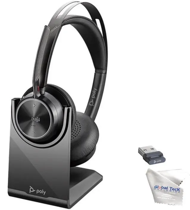 Alt view image 2 of 5 - Global Teck Worldwide Poly Voyager Focus 2 UC Headphone 4k Webcam Bundle with Sync 20+ Speaker, Charging Headset Stand, Comfort Ear Pads