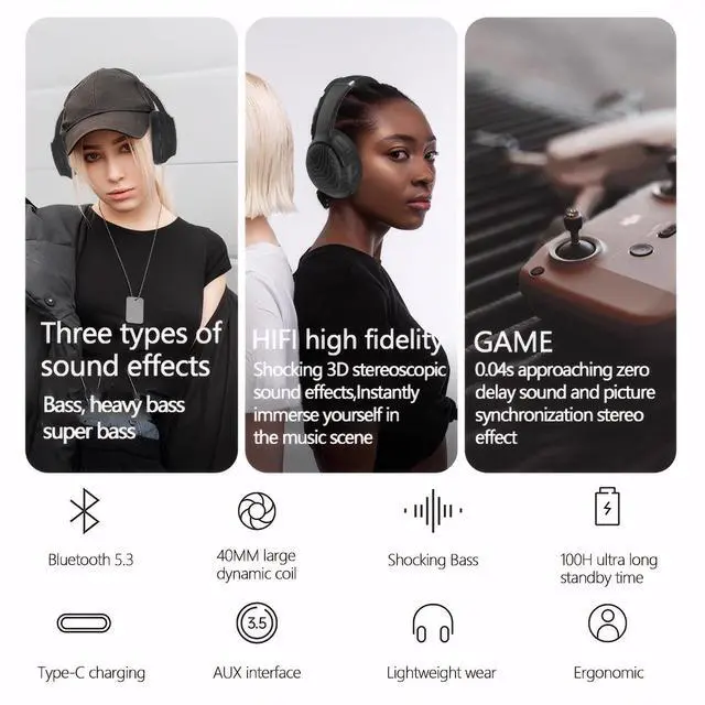 Alt view image 2 of 5 - GU-DI Wireless Over Ear Headphones, Three bass Modes, Hi-Res Audio, Bluetooth5.3 Low Latency Long Endurance, Foldable Lightweight Headset, with mic, Suitable for Travel Home Office Gym Cellphone PC