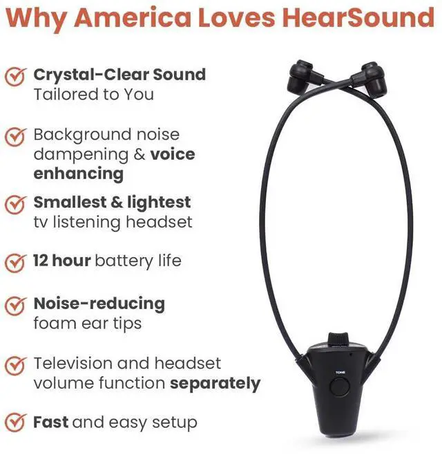 Alt view image 2 of 5 - HearSound Gold - Digital Wireless Headset System for TV with Earbuds - Ideal for Seniors or Hearing Impaired - All TVs Compatible, No line of Sight Required, 100 ft. Range, Rechargeable 12hr Battery