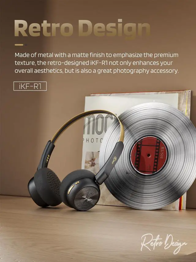 Alt view image 2 of 5 - iKF-R1 Retro Headphones Bluetooth 5.4 Hi-Fi Sound Custom EQ via App 60H Playtime Comfortable Fit Multipoint Connection Lightweight Vintage Headphones (Black Gold)