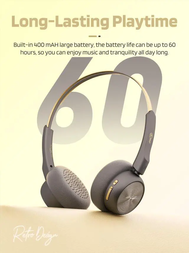 Alt view image 4 of 5 - iKF-R1 Retro Headphones Bluetooth 5.4 Hi-Fi Sound Custom EQ via App 60H Playtime Comfortable Fit Multipoint Connection Lightweight Vintage Headphones (Black Gold)