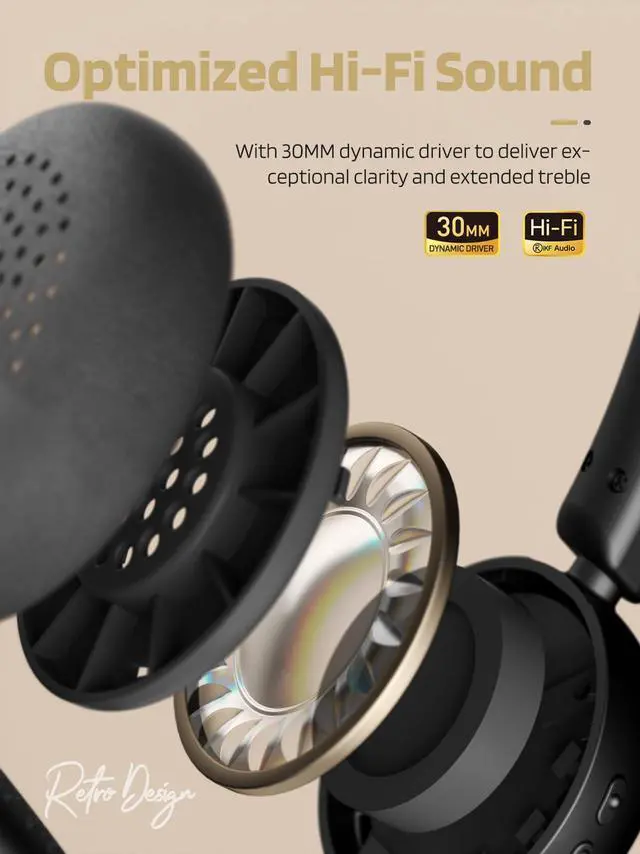 Alt view image 5 of 5 - iKF-R1 Retro Headphones Bluetooth 5.4 Hi-Fi Sound Custom EQ via App 60H Playtime Comfortable Fit Multipoint Connection Lightweight Vintage Headphones (Black Gold)