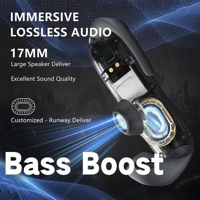 Alt view image 2 of 5 - Open Ear Headphones Heavy Bass,Sports Ear Hooks Ultra-Comfort Bluetooth 5.4 Open Earphones,Deep Bass Chip Powerful Sound,Open Wireless Earbuds with Mic Clear Calls,Stable Fitness earbud,36H Playtime