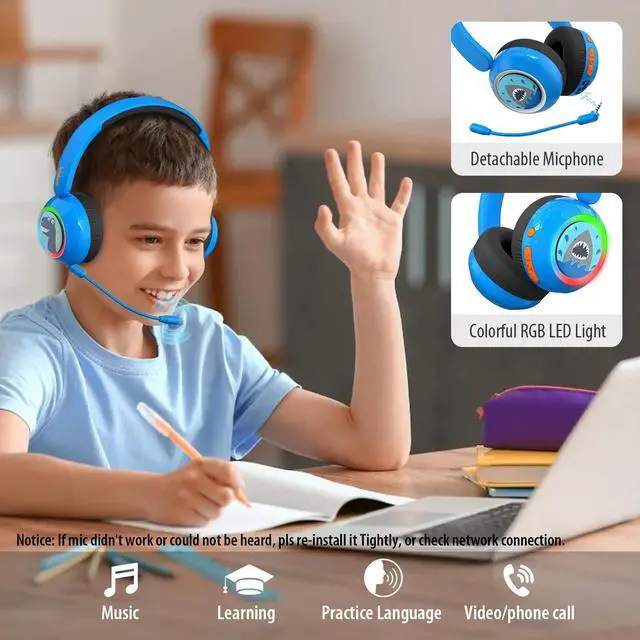 Alt view image 2 of 5 - JBUNION Kids Wireless Headphones with LED Lights, Bluetooth Kids Headphones with Detachable Mic, 75/85/94dB Volume Limited, Stereo Sound, Teens Boys Headset for School/Travel/iPad/Airplane