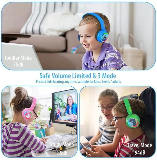 Alt view image 3 of 5 - JBUNION Kids Wireless Headphones with LED Lights, Bluetooth Kids Headphones with Detachable Mic, 75/85/94dB Volume Limited, Stereo Sound, Teens Boys Headset for School/Travel/iPad/Airplane