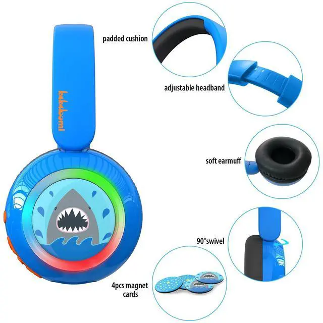 Alt view image 4 of 5 - JBUNION Kids Wireless Headphones with LED Lights, Bluetooth Kids Headphones with Detachable Mic, 75/85/94dB Volume Limited, Stereo Sound, Teens Boys Headset for School/Travel/iPad/Airplane
