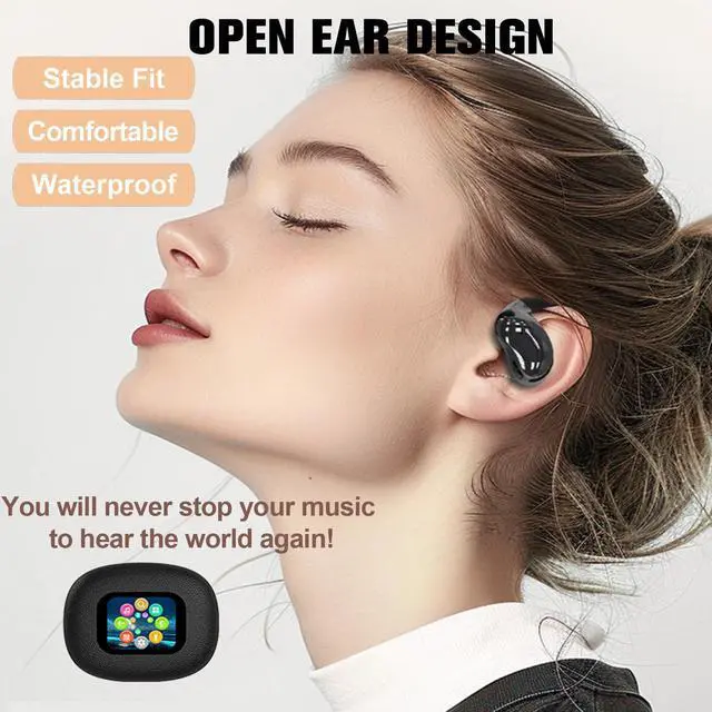Alt view image 4 of 5 - TWS Wireless Bluetooth Smart Touch Screen Ultra Open Ear Earbuds with Ear Hooks Over Ear Buds Sport Earphones with Screen On Case Air Conduction Touchscreen Bluetooth Headphones for Gym Work Running