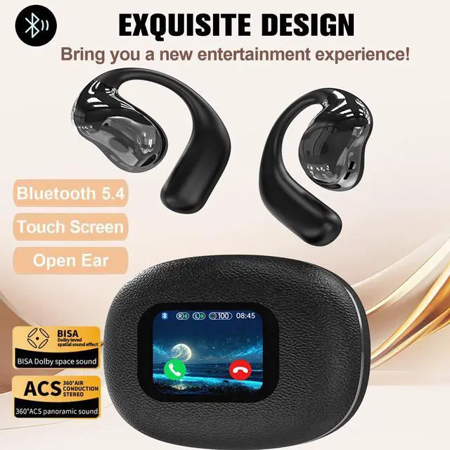 Alt view image 2 of 5 - TWS Wireless Bluetooth Smart Touch Screen Ultra Open Ear Earbuds with Ear Hooks Over Ear Buds Sport Earphones with Screen On Case Air Conduction Touchscreen Bluetooth Headphones for Gym Work Running