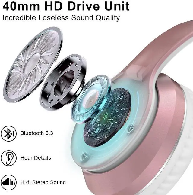 Alt view image 3 of 5 - JOMILIN B9 Bluetooth Headphones Over-Ear, 3 EQ Music Modes and 50H Playtime Wireless Headphones with Mic, Hi-fi Stereo Lightweight Folding Headset, Volume Control for Travel Tablet PC (Rose Gold)