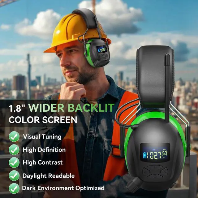 Alt view image 2 of 5 - Kalence Radio Headphones + Bluetooth 5.4 Hearing Protection, Green+Black