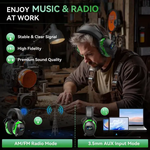 Alt view image 5 of 5 - Kalence Radio Headphones + Bluetooth 5.4 Hearing Protection, Green+Black