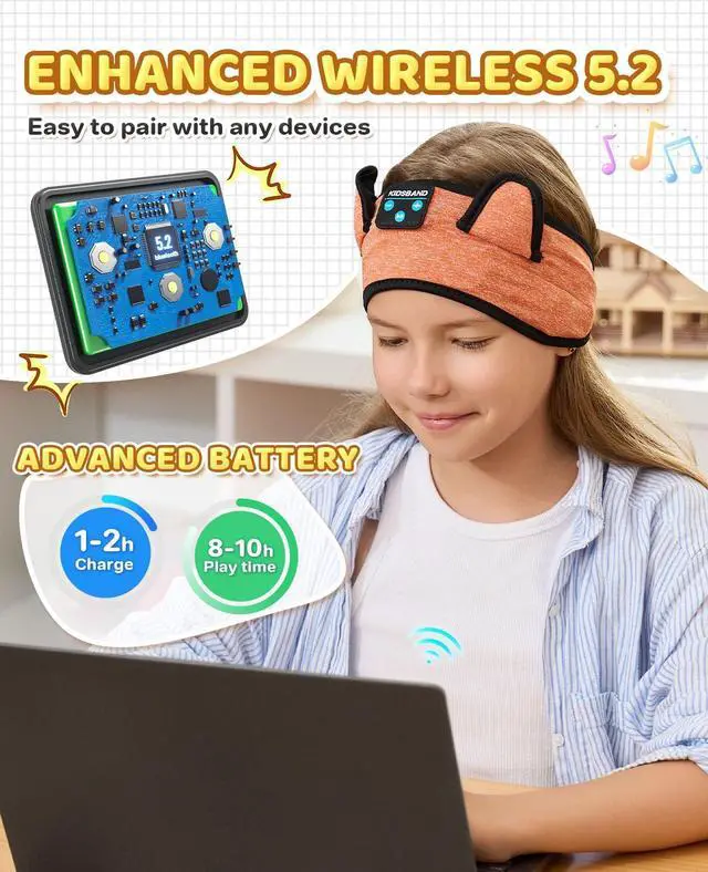 Alt view image 3 of 5 - Baby Headband Bluetooth Headphones - Wireless Sleep Headphones for Kids with Wired Playback 3.5 MM Jack for Teens/Boys/Girls/Smartphones/School/Airplane Travel/Tablet