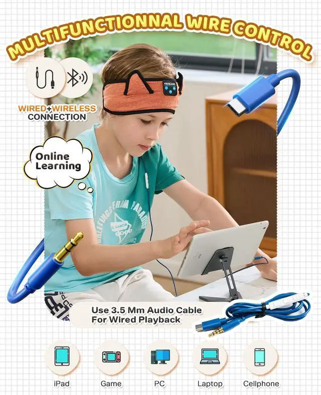 Alt view image 5 of 5 - Baby Headband Bluetooth Headphones - Wireless Sleep Headphones for Kids with Wired Playback 3.5 MM Jack for Teens/Boys/Girls/Smartphones/School/Airplane Travel/Tablet