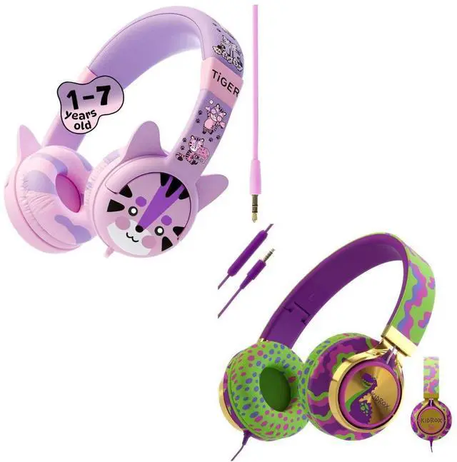 Main image of Kidrox Kids Headphones Bundle - Tiger & Dinosaur Themed Wired Headphones for Toddlers & Children Ages 1-10 - Volume-Limited 85/94dB, Built-in Mic, 3.5mm Jack - Durable, Travel-Ready, Fun Designs