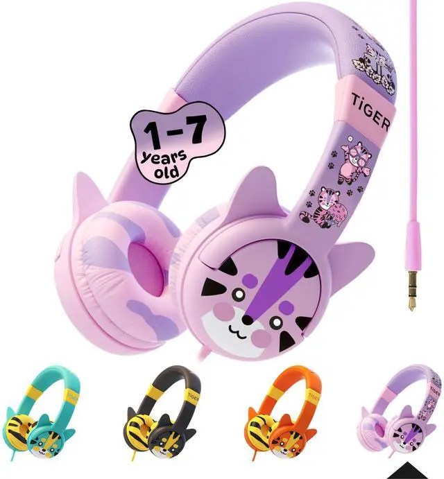 Alt view image 2 of 5 - Kidrox Kids Headphones Bundle - Tiger & Dinosaur Themed Wired Headphones for Toddlers & Children Ages 1-10 - Volume-Limited 85/94dB, Built-in Mic, 3.5mm Jack - Durable, Travel-Ready, Fun Designs