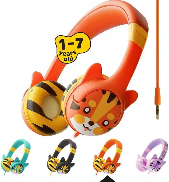 Alt view image 2 of 5 - Kidrox Kids Headphones Bundle - Tiger & Dinosaur Themed Wired Headphones for Toddlers & Children Ages 1-10 - Volume-Limited 85/94dB, Built-in Mic, 3.5mm Jack - Durable, Travel-Ready, Fun Designs