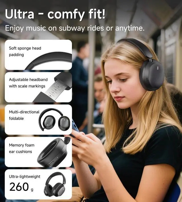 Alt view image 3 of 5 - King Lucky B900 Hybrid Active Noise Cancelling Headphones, Wireless Over Ear Headphones, Bluetooth 5.4, Hi-Res Audio, Deep Bass, Comfortable Fit, with Mic, for Commuting, Travel, Home, Work, Black