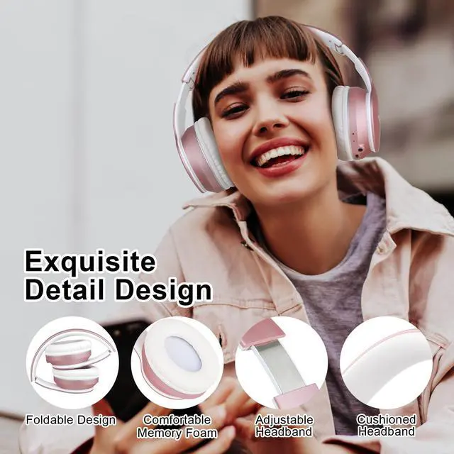 Alt view image 2 of 5 - JOMILIN B9 Bluetooth Headphones Over-Ear, 3 EQ Music Modes and 50H Playtime Wireless Headphones with Mic, Hi-fi Stereo Lightweight Folding Headset, Volume Control for Travel Tablet PC (Rose Gold)