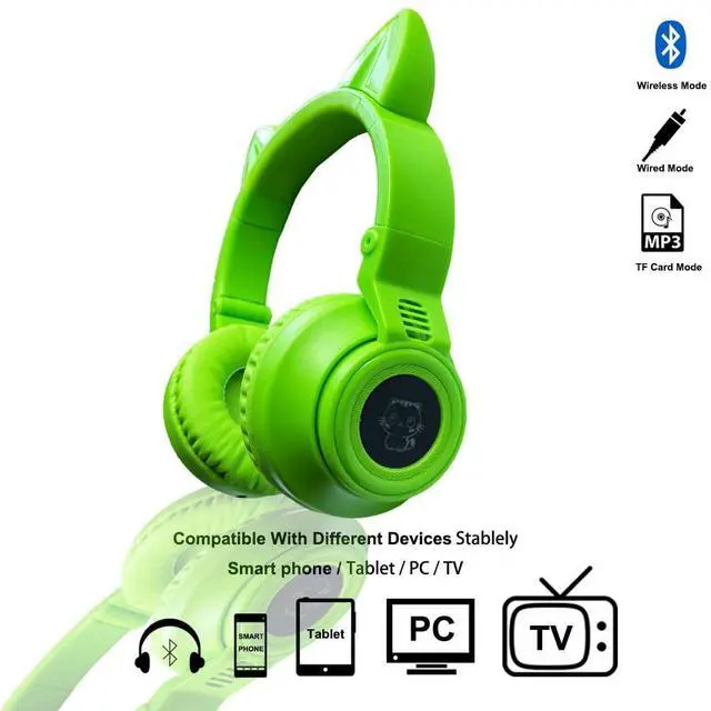 Alt view image 2 of 5 - Kids Bluetooth Headphones,Cat Ear LED Light Up Wireless/Wired Headset,85 dB Volume Limited Foldable Headphones,Built-in Mic,Support FM/Micro SD/TF,for Phone/Tablet/Pad/PC/Kindle/Laptop/TV(Green)