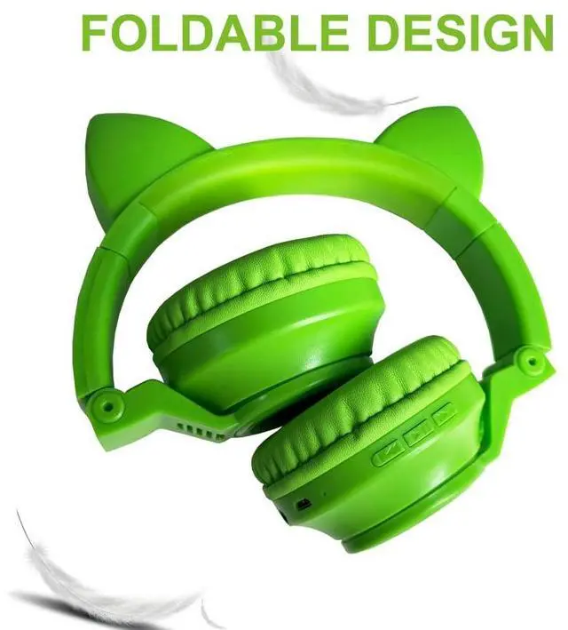 Alt view image 4 of 5 - Kids Bluetooth Headphones,Cat Ear LED Light Up Wireless/Wired Headset,85 dB Volume Limited Foldable Headphones,Built-in Mic,Support FM/Micro SD/TF,for Phone/Tablet/Pad/PC/Kindle/Laptop/TV(Green)