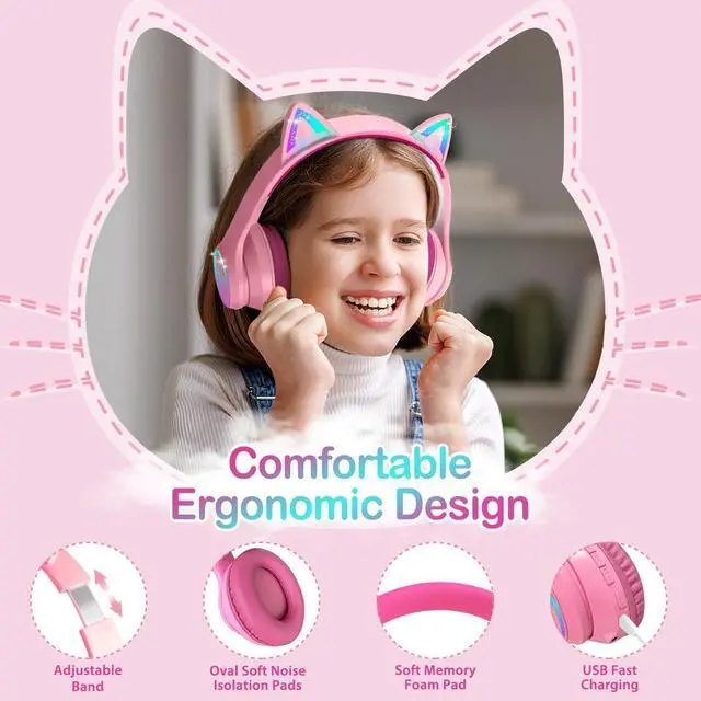 Alt view image 2 of 5 - LOBKIN Bluetooth 5.3 Kids Headphones with Case - RGB LED Light Up Cat Ears Foldable Adjustable Over Ear Headphone Support Wireless or 3.5mm Wired Mode for Toddler & Girls & Boys Teens