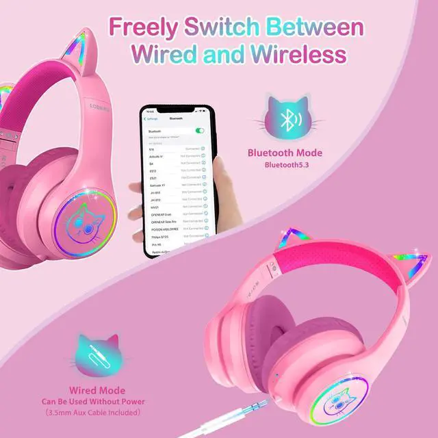 Alt view image 3 of 5 - LOBKIN Bluetooth 5.3 Kids Headphones with Case - RGB LED Light Up Cat Ears Foldable Adjustable Over Ear Headphone Support Wireless or 3.5mm Wired Mode for Toddler & Girls & Boys Teens