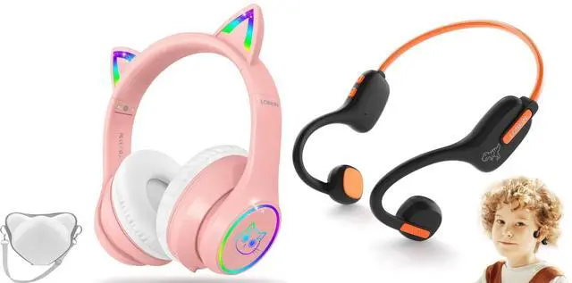 Main image of LOBKIN Bluetooth 5.3 Kids Headphones with Case - RGB LED Light Up Cat Ears Foldable Adjustable Over Ear Headphone Support Wireless or 3.5mm Wired Mode for Toddler & Girls & Boys Teens