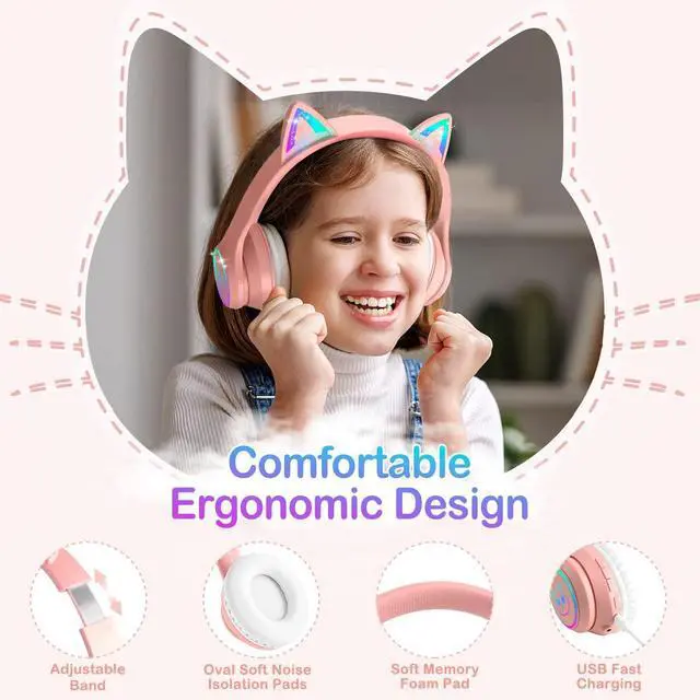 Alt view image 2 of 5 - LOBKIN Bluetooth 5.3 Kids Headphones with Case - RGB LED Light Up Cat Ears Foldable Adjustable Over Ear Headphone Support Wireless or 3.5mm Wired Mode for Toddler & Girls & Boys Teens