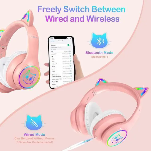 Alt view image 3 of 5 - LOBKIN Bluetooth 5.3 Kids Headphones with Case - RGB LED Light Up Cat Ears Foldable Adjustable Over Ear Headphone Support Wireless or 3.5mm Wired Mode for Toddler & Girls & Boys Teens