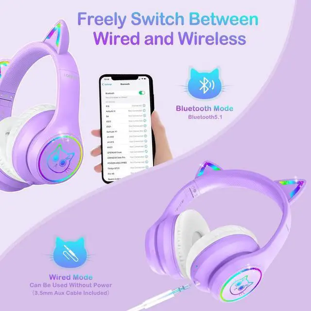 Alt view image 4 of 5 - LOBKIN Purple Cat Ears Headphones and hot-Pink Cat Ears Headphones