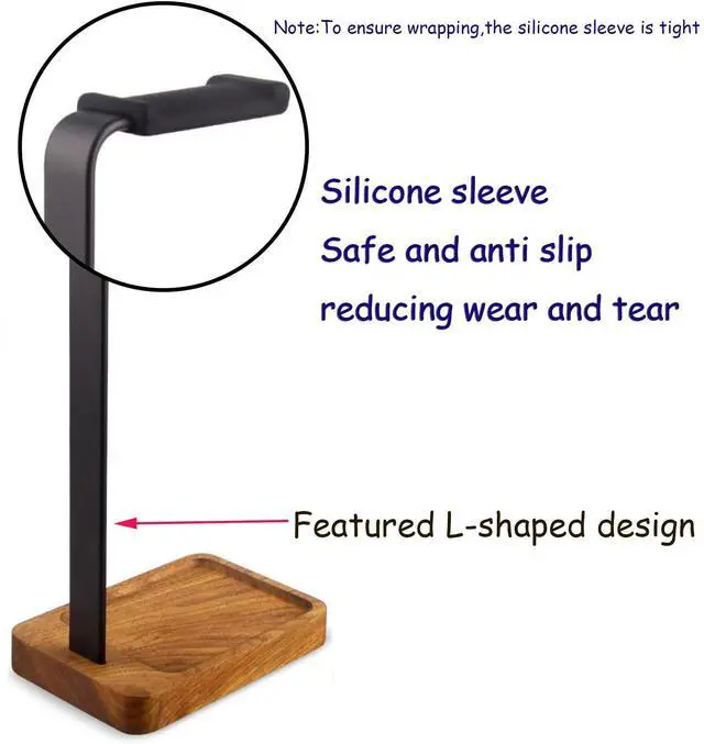 Alt view image 2 of 5 - Lurockie Headphone Stand for Desk, Walnut Wood and Iron Headset Holder, Universal Desktop Headphone Stand, Headphones Holder for Gaming Headsets